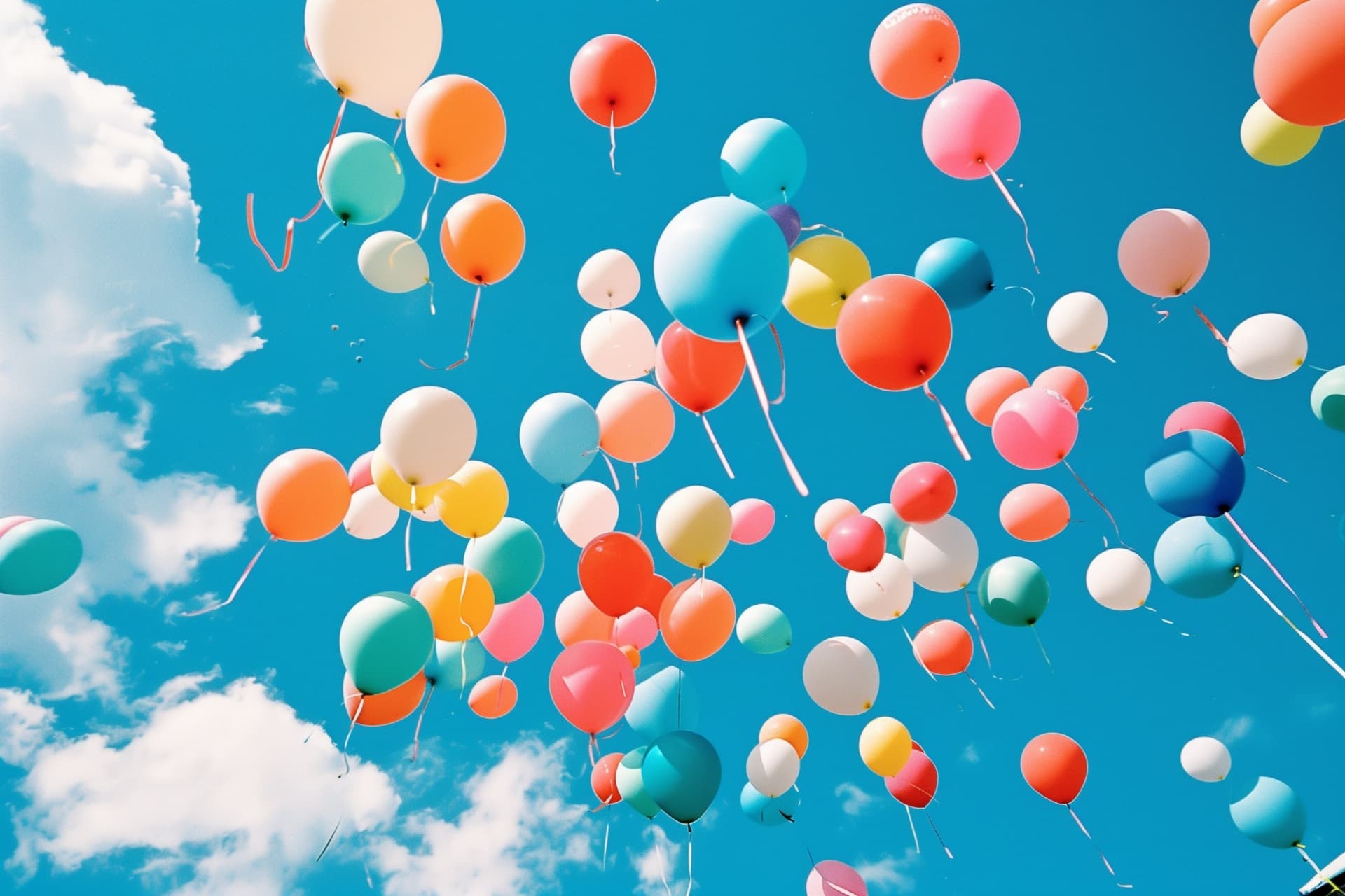 青空に色とりどりの風船が登っている様子